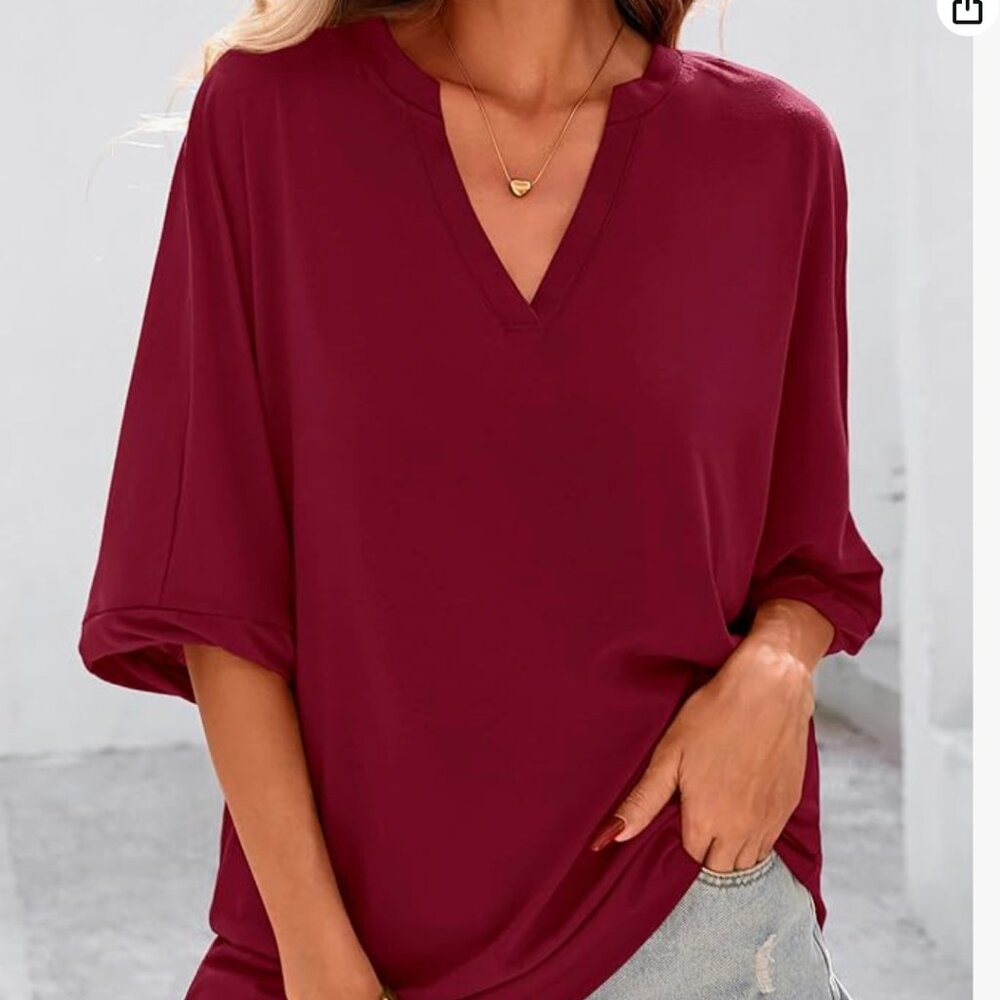 NWOT Burgundy Maroon V-Neck Oversized Blouse | Loose Fit | Size Medium - Picture 2 of 15
